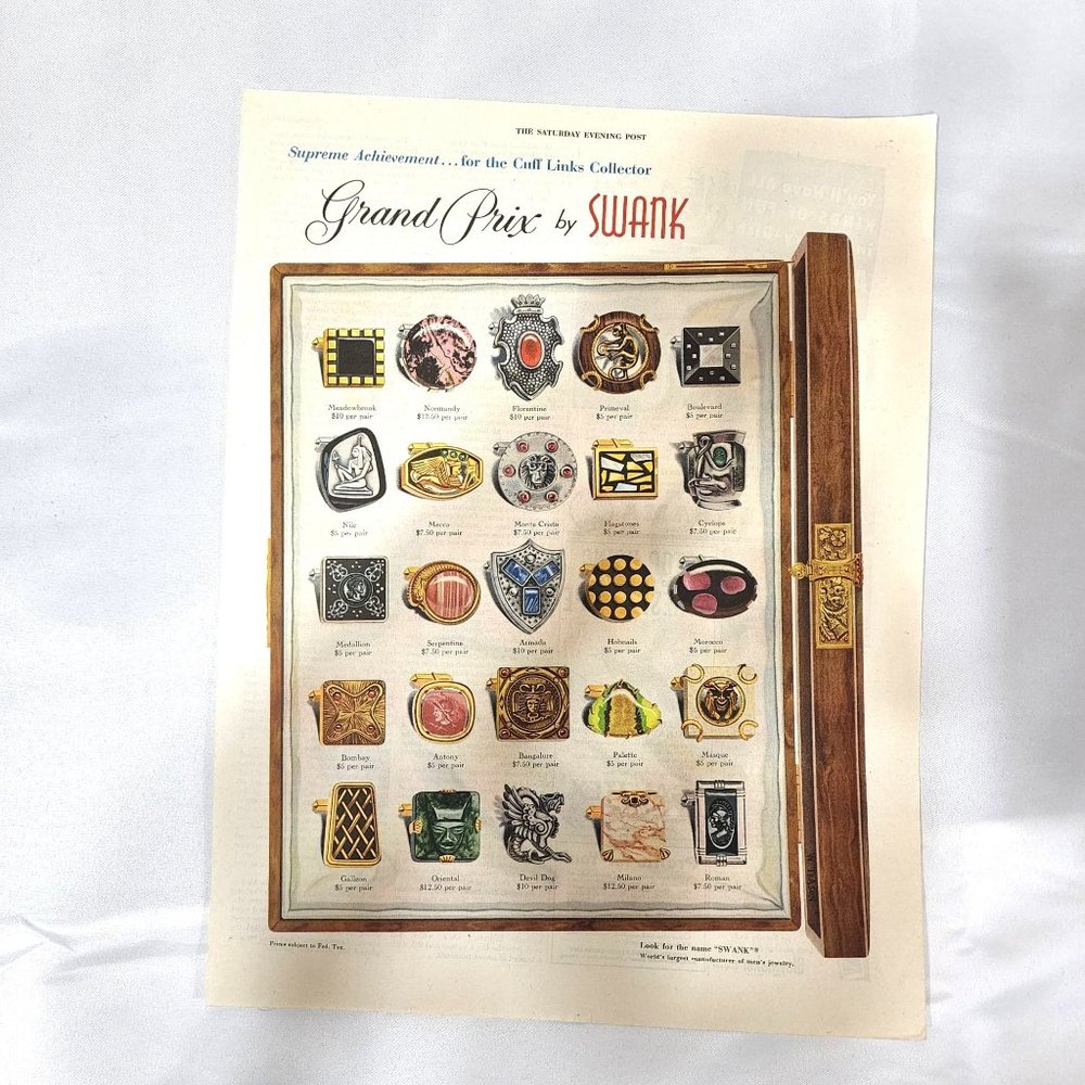Swank advertising vintage print ad mens cuff links 1955